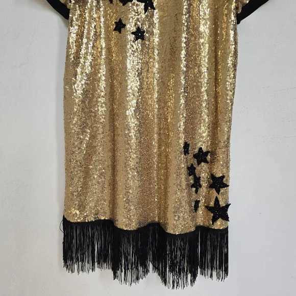 Vanilla Bay Gold Sequin Star Dress Large Black Fringe Hem Party Holiday Glam